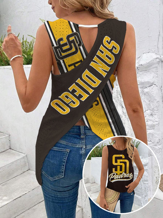 Padres Cut Out Wrap Cross Wrap Back Asymmetrical Beach Tank Top