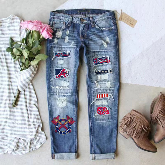 STRETCH RIPPED FRAYED RAW HEM DISTRESSED DENIM JEANS WITH HOLE