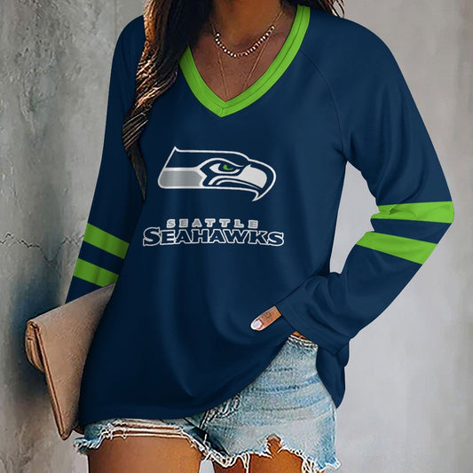 Seattle Seahawks Women's V-neck Double-layered Long-sleeved Loose T-shirt