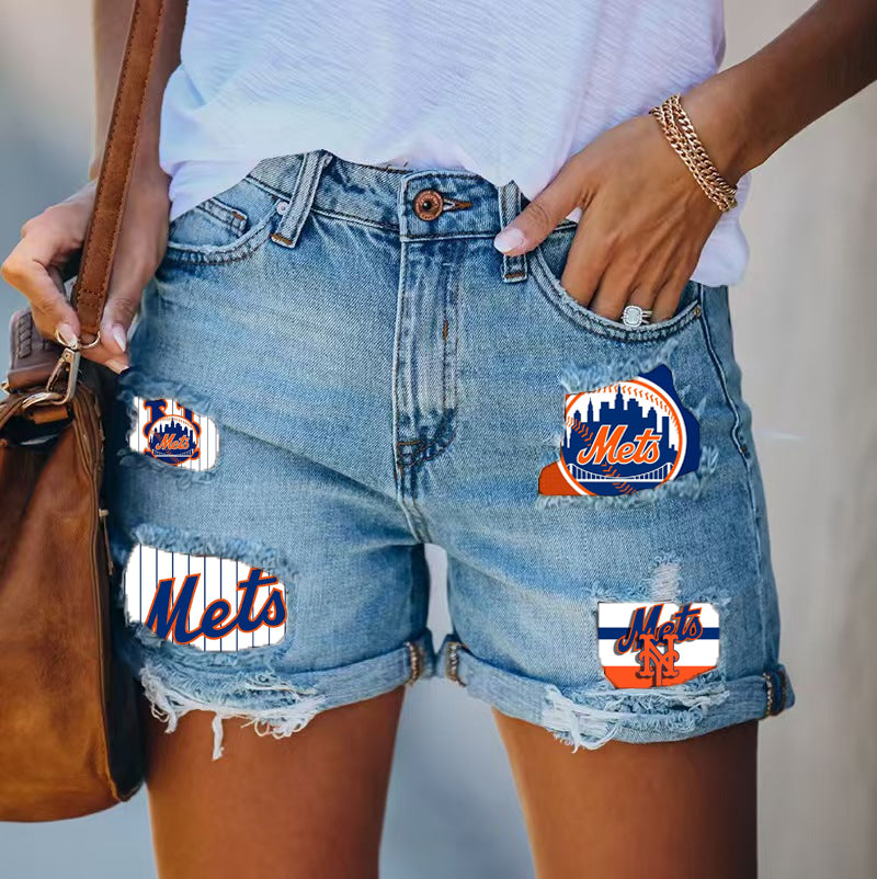 New York Mets Distressed Cutoff Denim Shorts - Women