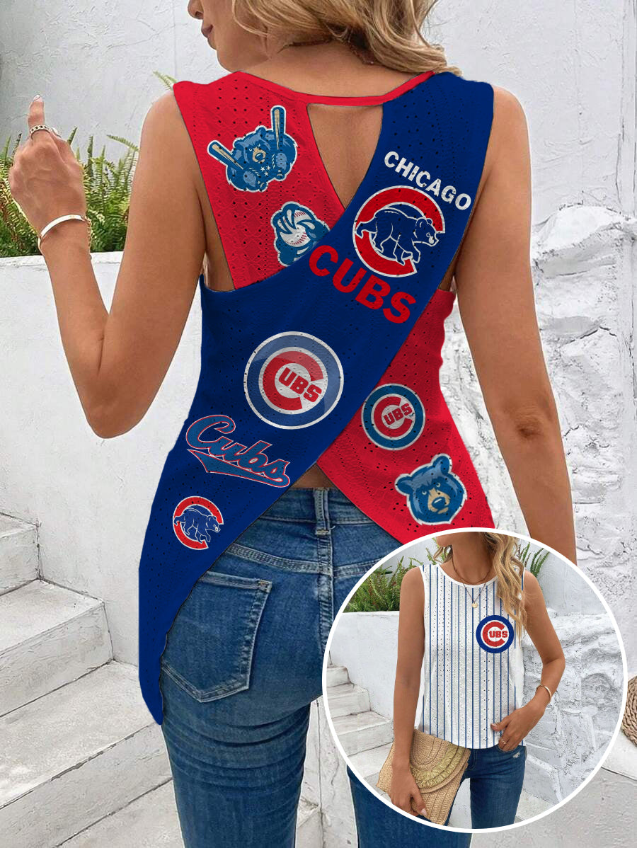 Cubs Cut Out Wrap Cross Wrap Back Asymmetrical Beach Tank Top
