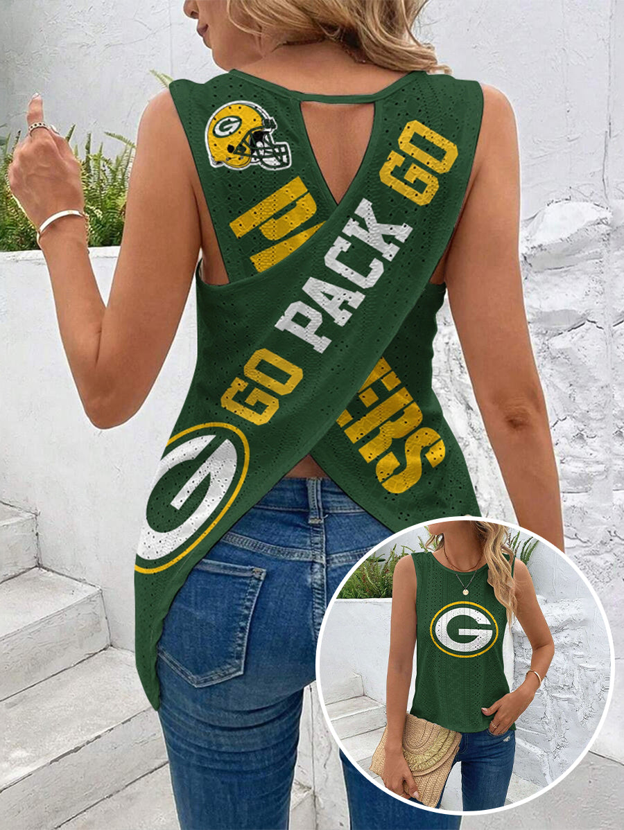Green Bay Packers Cut Out Wrap Cross Wrap Back Asymmetrical Beach Tank Top