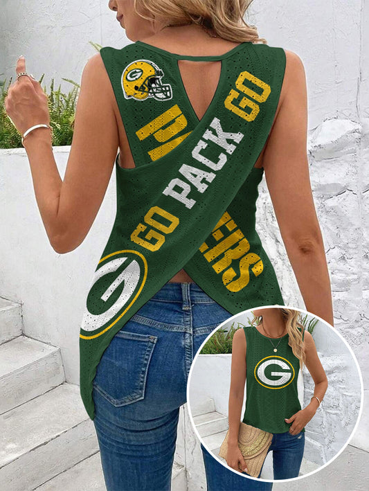 Green Bay Packers Cut Out Wrap Cross Wrap Back Asymmetrical Beach Tank Top