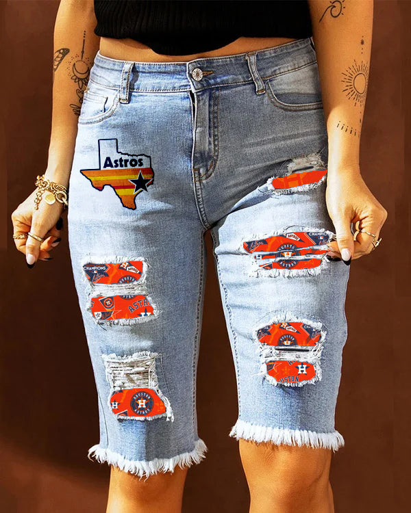 MID-RISE RIPPED PATCHES DENIM BERMUDA SHORTS