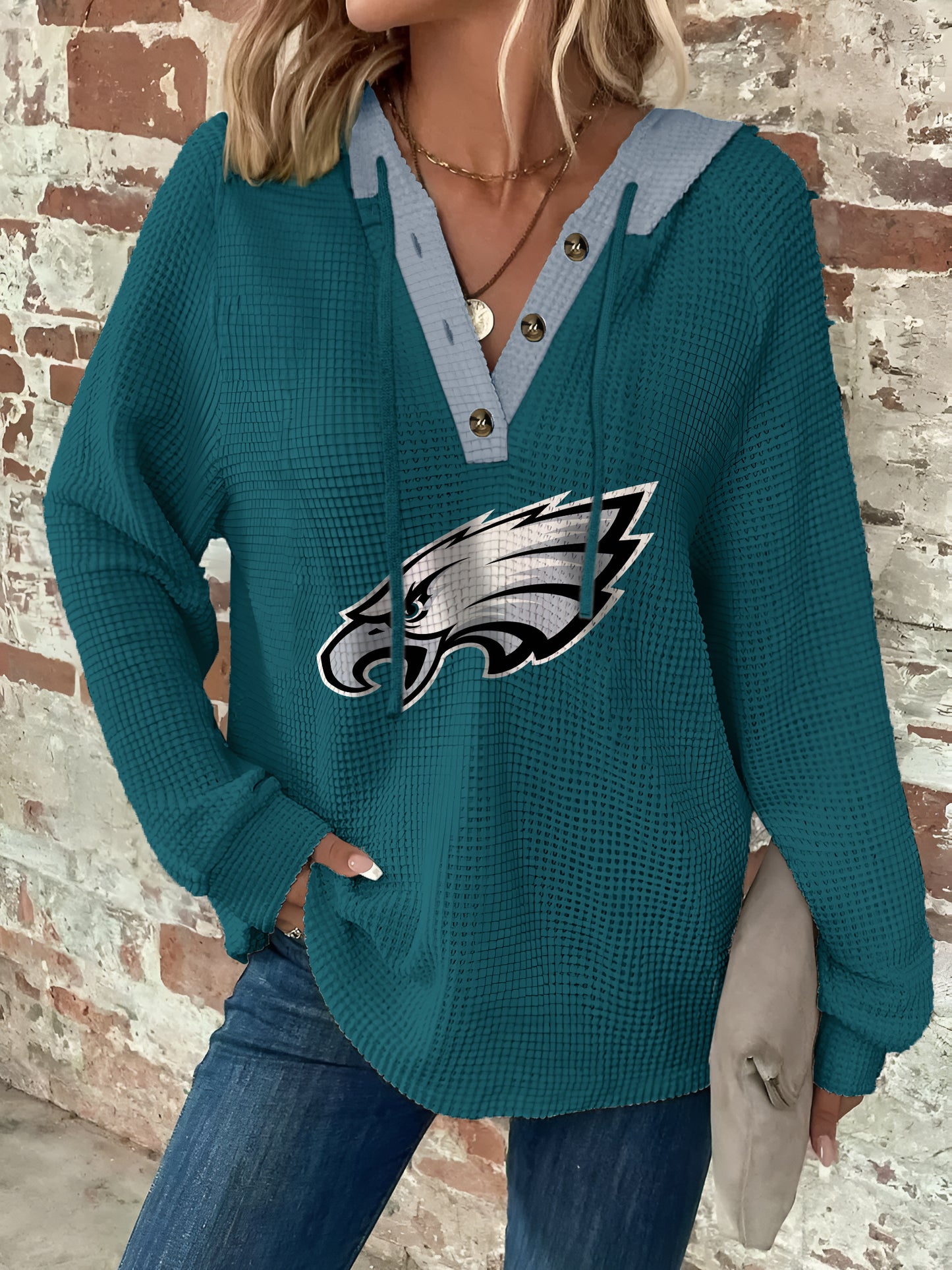 Half Button Raglan Sleeve Drawstring Hoodie