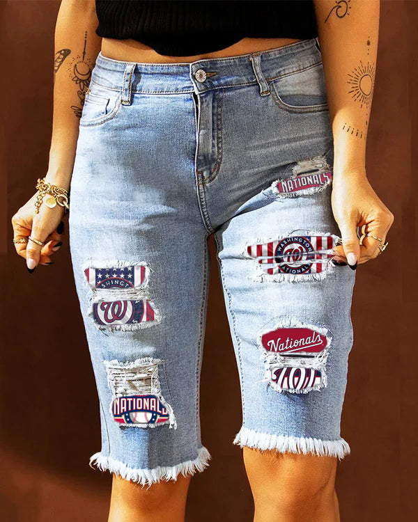 MID-RISE RIPPED PATCHES DENIM BERMUDA SHORTS