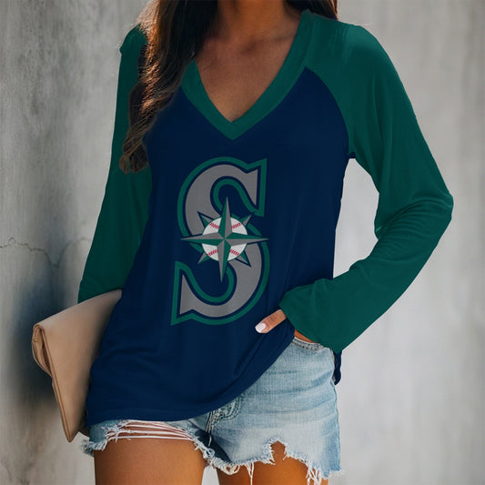 Women's V-neck Double-layered Long-sleeved Loose T-shirt