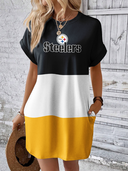 Pittsburgh Steelers Solid Hidden Pocket Batwing Sleeve Tee Dress