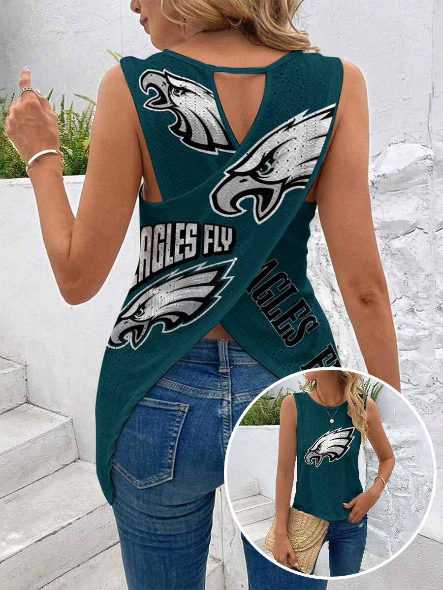 Philadelphia Eagles Cut Out Wrap Cross Wrap Back Asymmetrical Beach Tank Top
