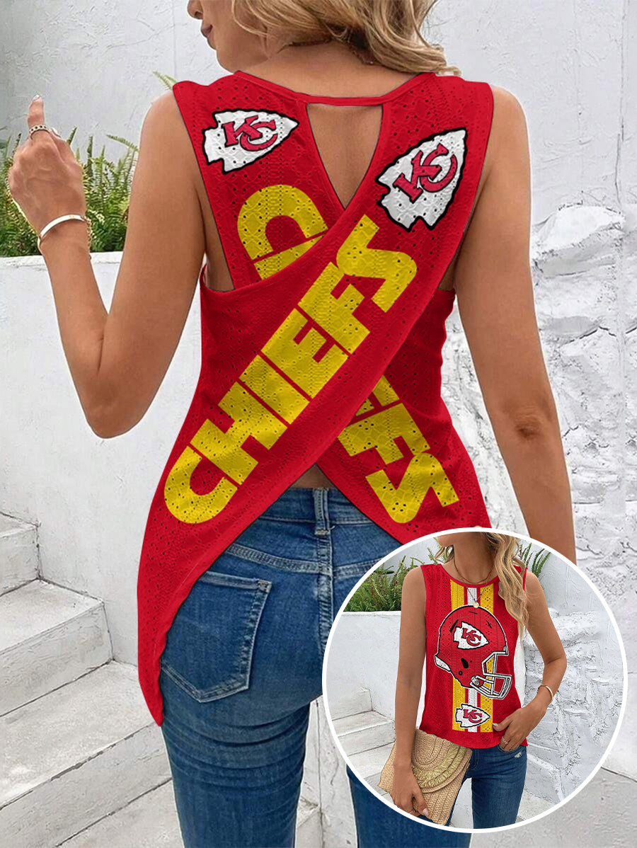 Kansas City Chiefs Cut Out Wrap Cross Wrap Back Asymmetrical Beach Tank Top