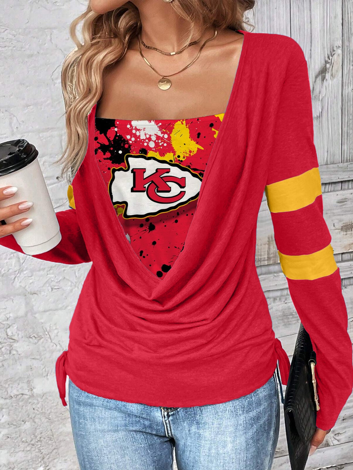 Contrast draped side drawstring T-shirt