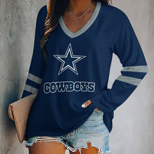 Dallas Cowboys Women's V-neck Double-layered Long-sleeved Loose T-shirt