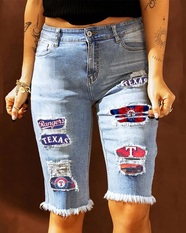 MID-RISE RIPPED PATCHES DENIM BERMUDA SHORTS