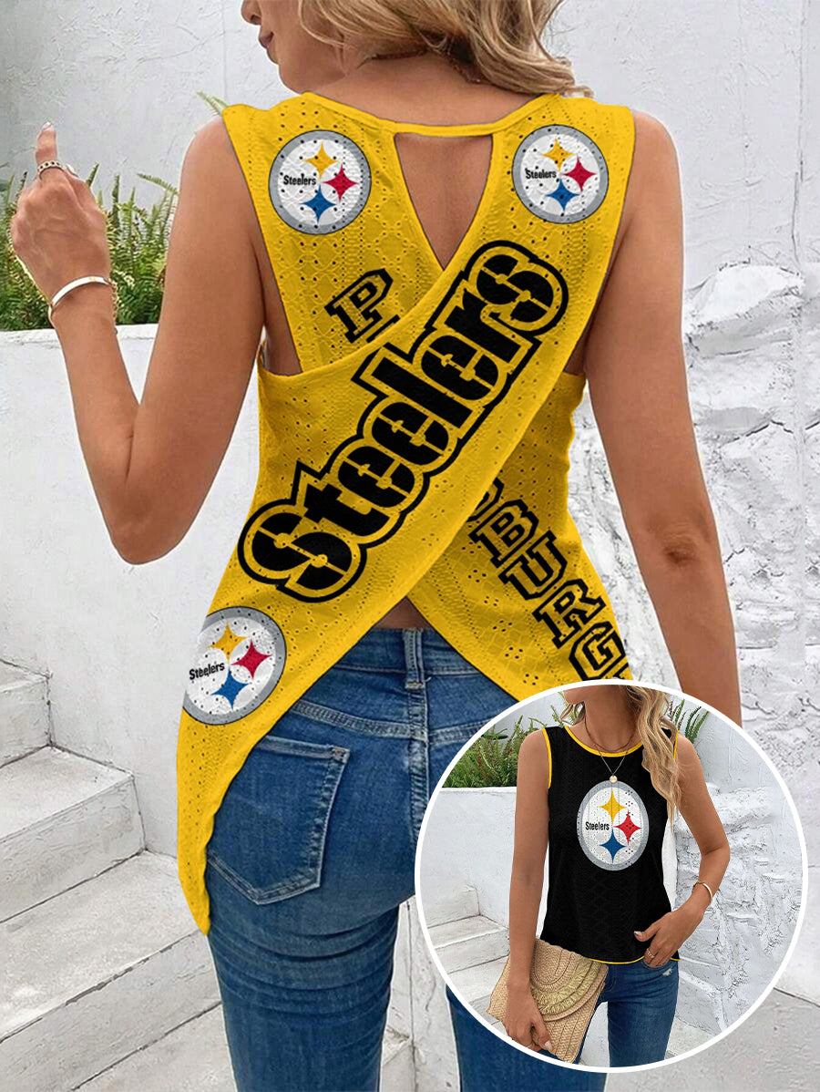 Pittsburgh Steelers Cut Out Wrap Cross Wrap Back Asymmetrical Beach Tank Top