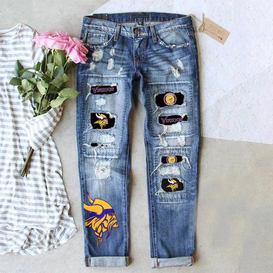 Casual Fashion Perforated Printed Jeans