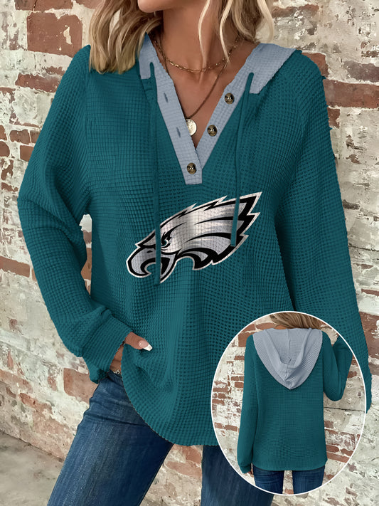 Half Button Raglan Sleeve Drawstring Hoodie