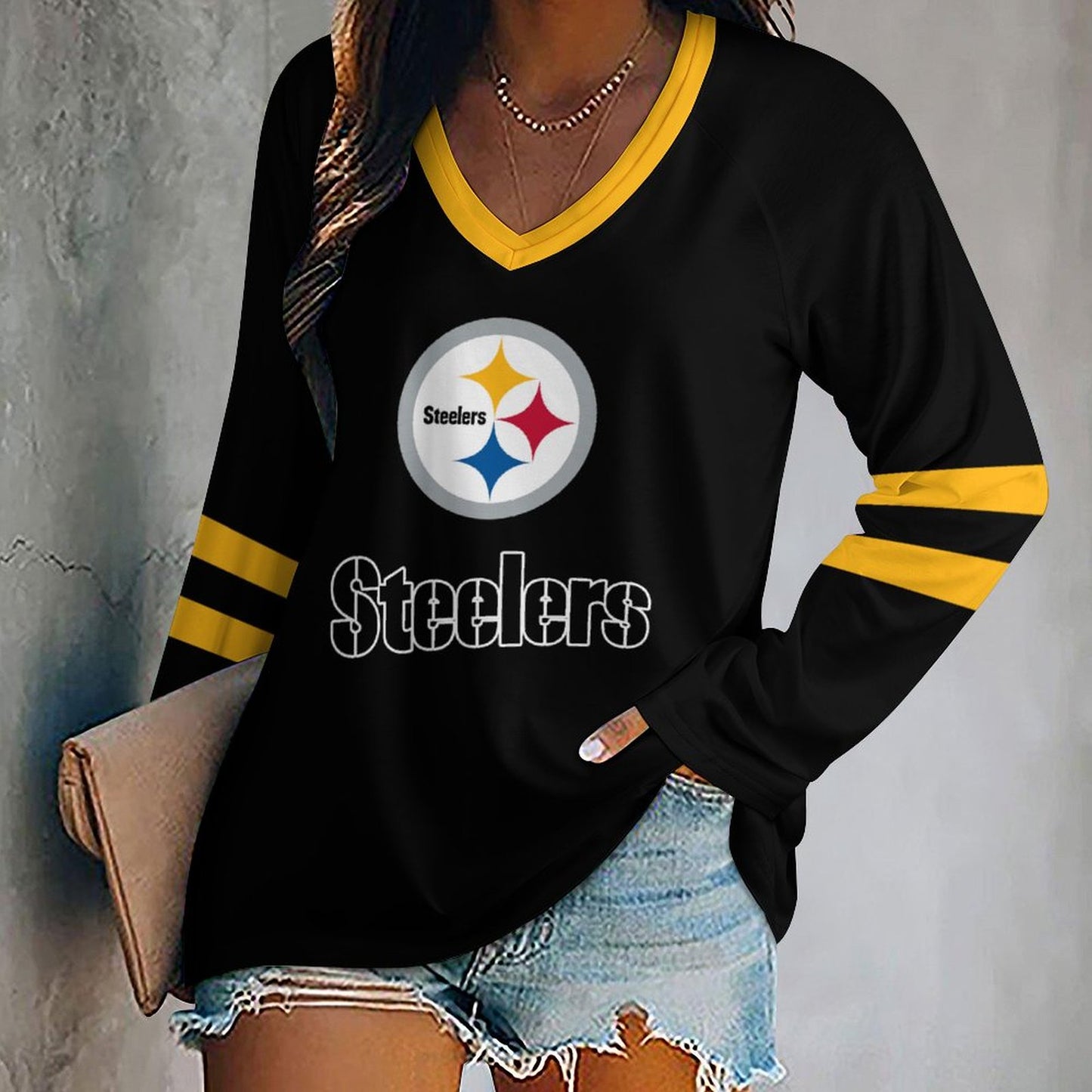 Pittsburgh Steelers Women's V-neck Double-layered Long-sleeved Loose T-shirt