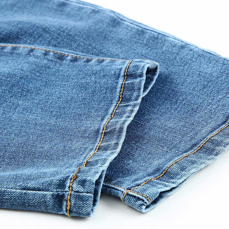 STRETCH RIPPED FRAYED RAW HEM DISTRESSED DENIM JEANS WITH HOLE