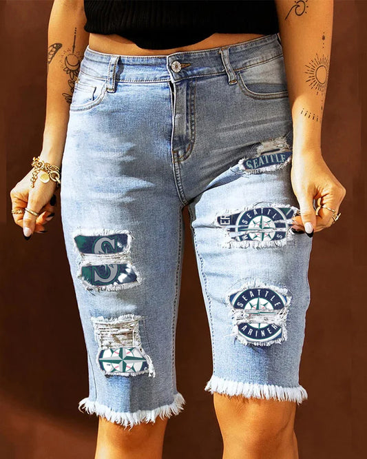 MID-RISE RIPPED PATCHES DENIM BERMUDA SHORTS