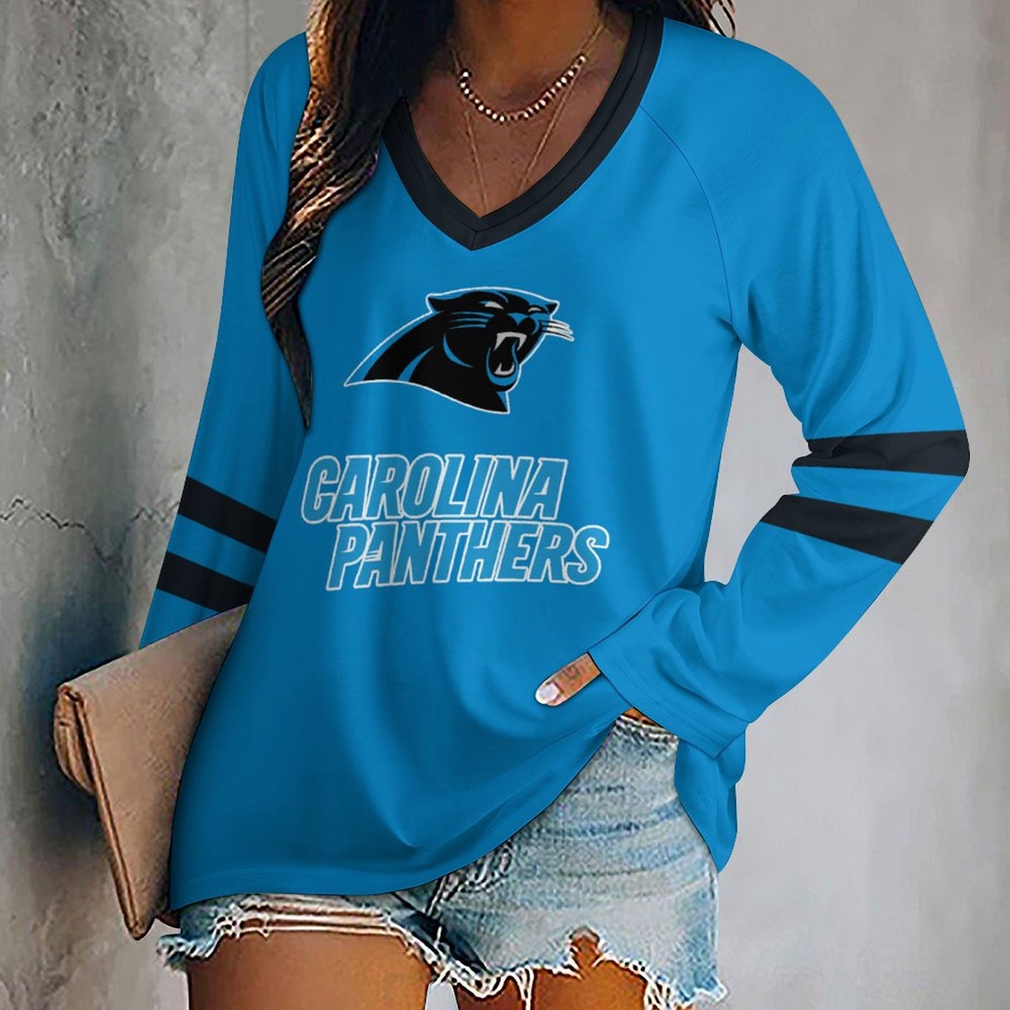 Carolina Panthers Women's V-neck Double-layered Long-sleeved Loose T-shirt
