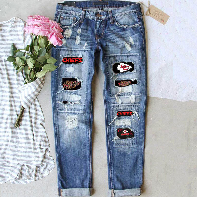 casual fashion perforated printed jeans
