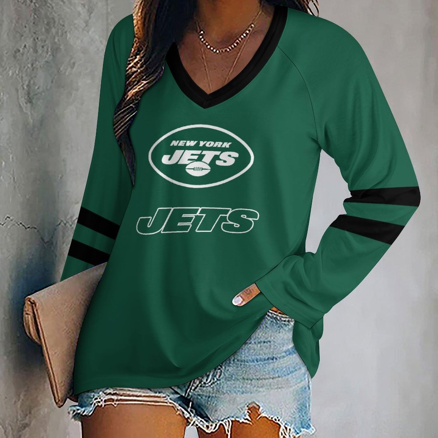 New York Jets Women's V-neck Double-layered Long-sleeved Loose T-shirt
