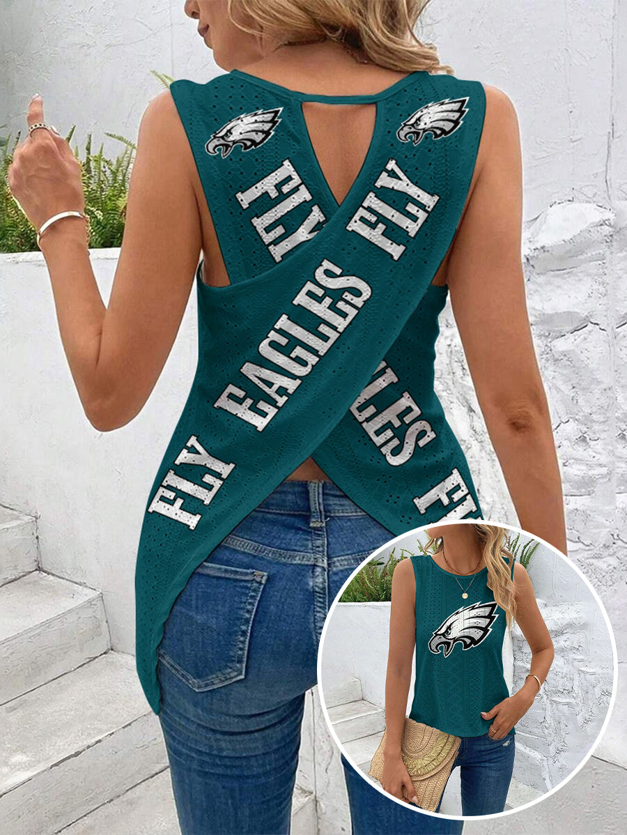 Philadelphia Eagles Cut Out Wrap Cross Wrap Back Asymmetrical Beach Tank Top