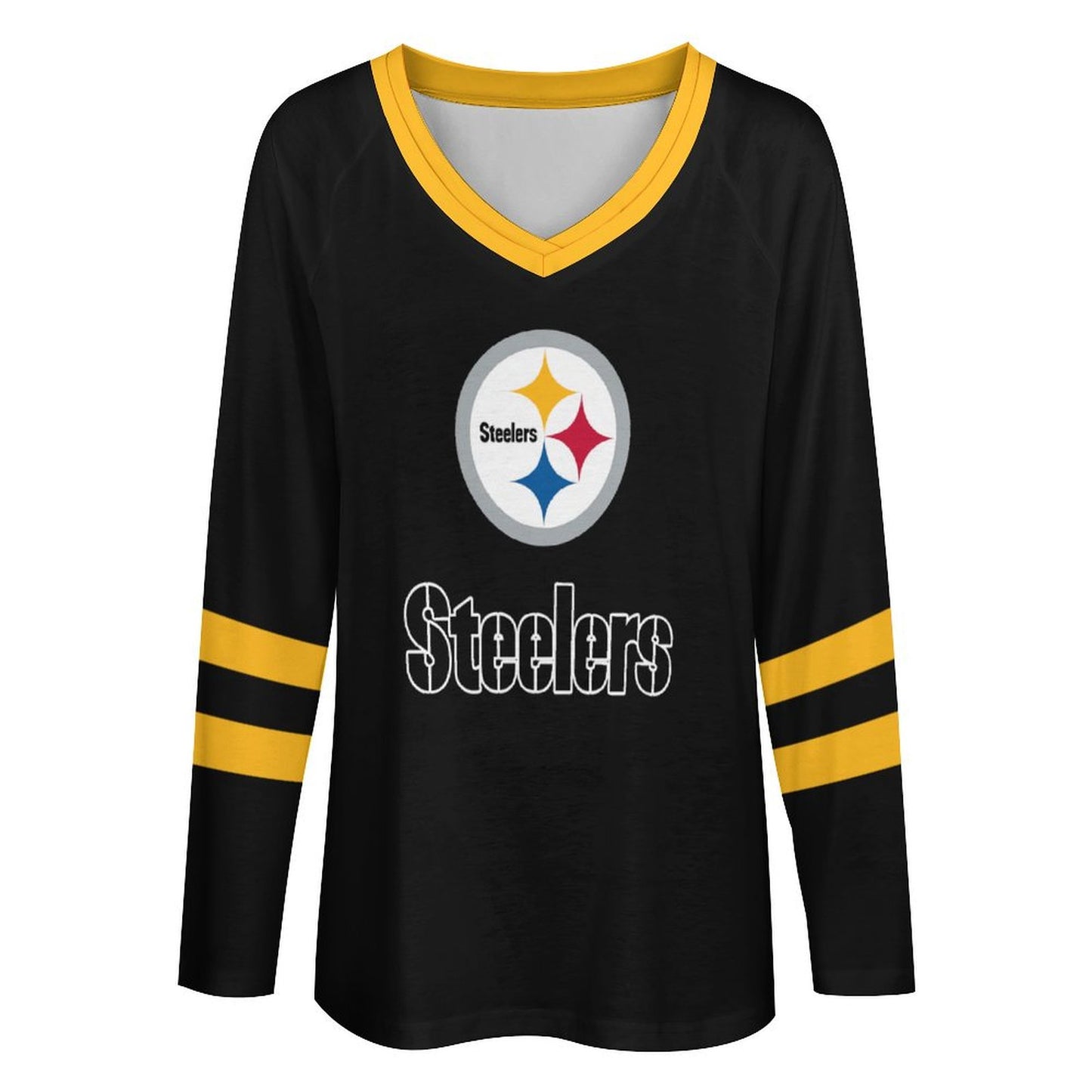 Pittsburgh Steelers Women's V-neck Double-layered Long-sleeved Loose T-shirt