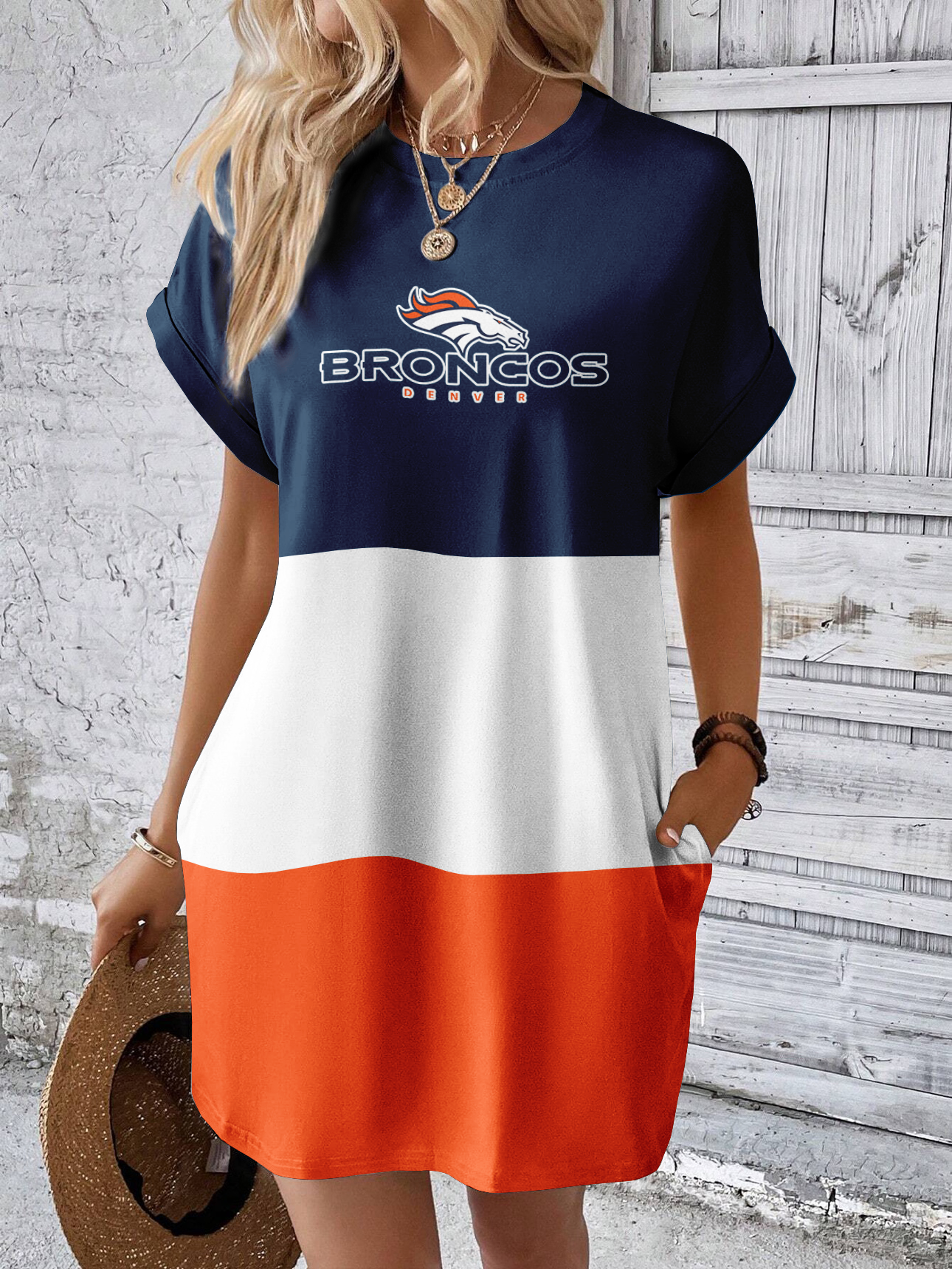 Denver Broncos Solid Hidden Pocket Batwing Sleeve Tee Dress