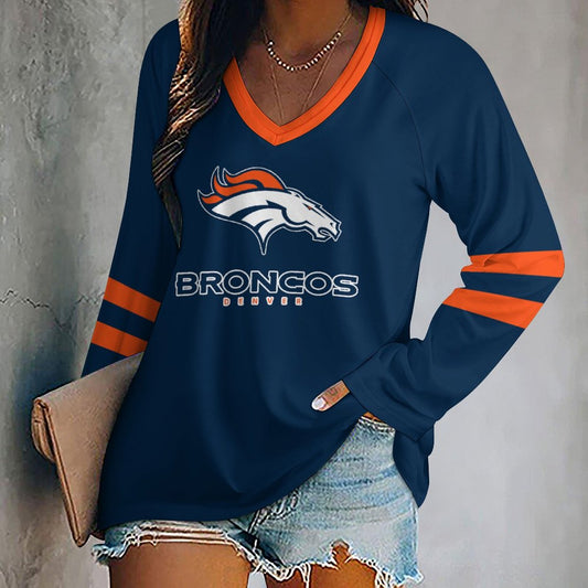 Denver Broncos Women's V-neck Double-layered Long-sleeved Loose T-shirt