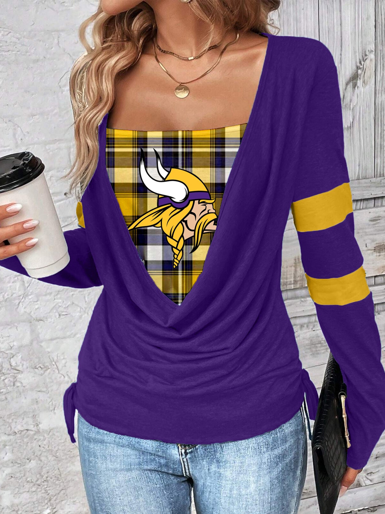 Contrast draped side drawstring T-shirt