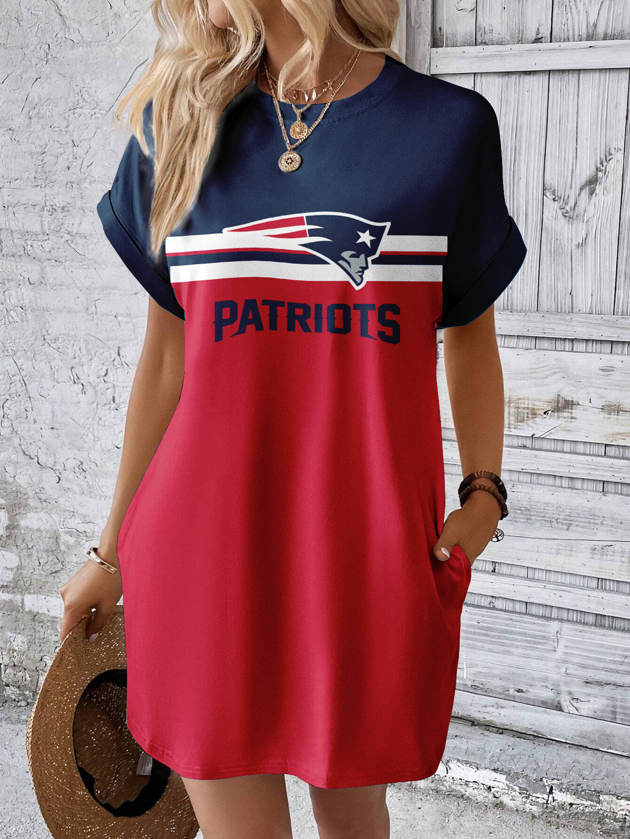 New England Patriots Solid Hidden Pocket Batwing Sleeve Tee Dress