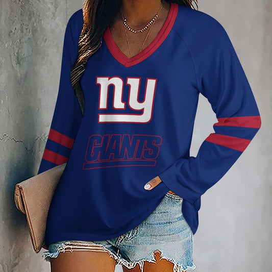 New York Giants Women's V-neck Double-layered Long-sleeved Loose T-shirt
