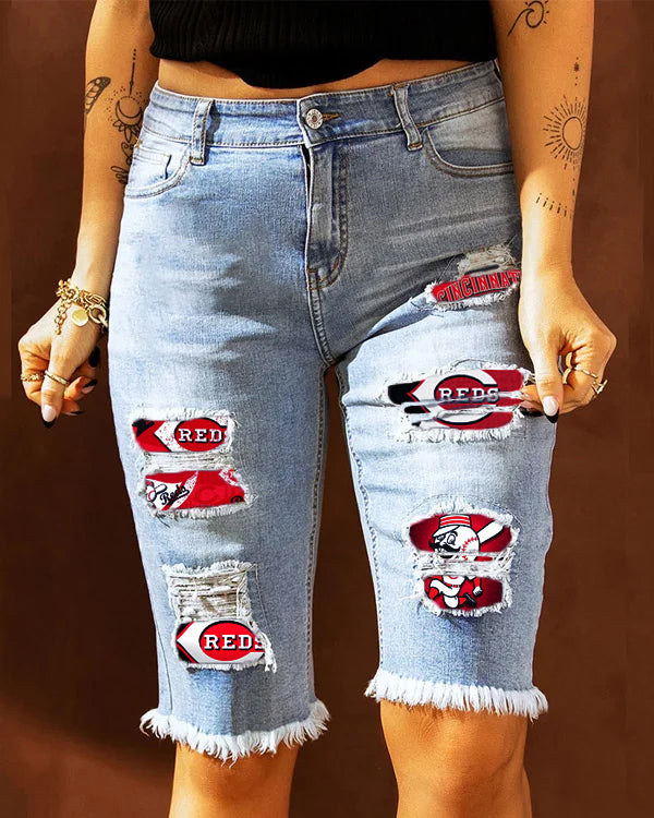 MID-RISE RIPPED PATCHES DENIM BERMUDA SHORTS