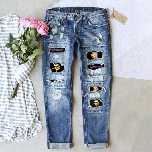 casual fashion perforated printed jeans