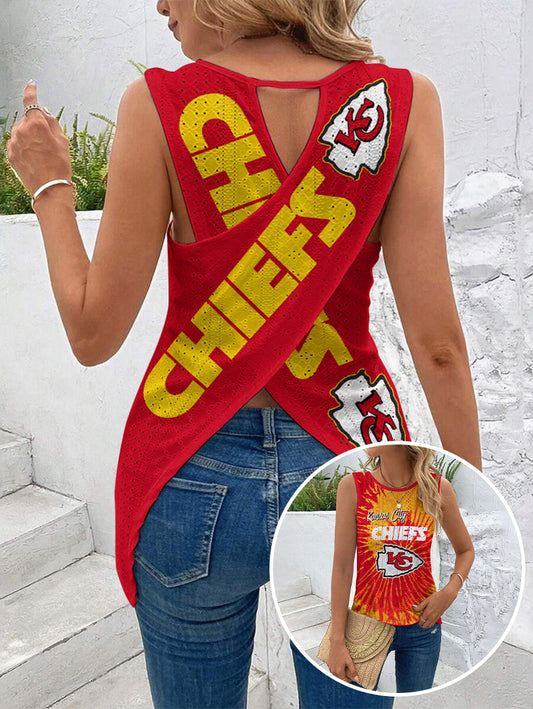 Kansas City Chiefs Cut Out Wrap Cross Wrap Back Asymmetrical Beach Tank Top