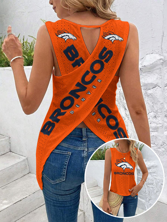 Denver Broncos Cut Out Wrap Cross Wrap Back Asymmetrical Beach Tank Top