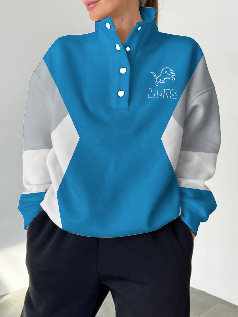 Detroit Lions 2025 New Design Casual Snap Mockneck Pullover