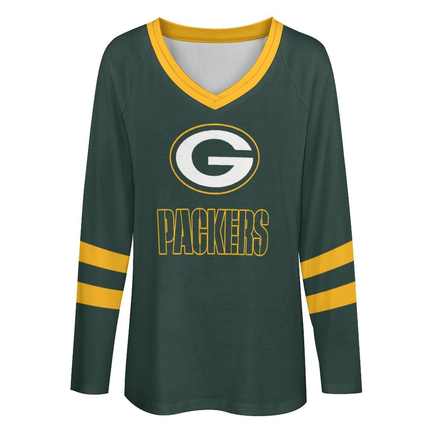 Green Bay Packers Women's V-neck Double-layered Long-sleeved Loose T-shirt