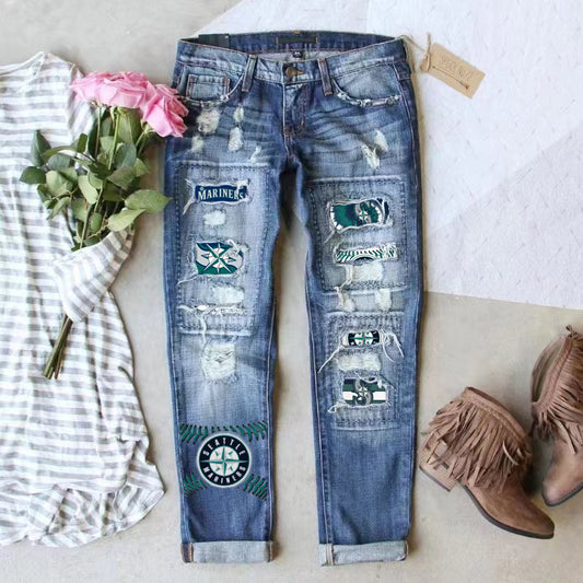 STRETCH RIPPED FRAYED RAW HEM DISTRESSED DENIM JEANS WITH HOLE