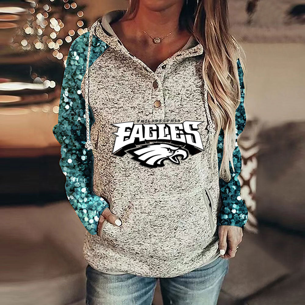 Casual Sequined Sleeves Loose Stitched Print Hoodie