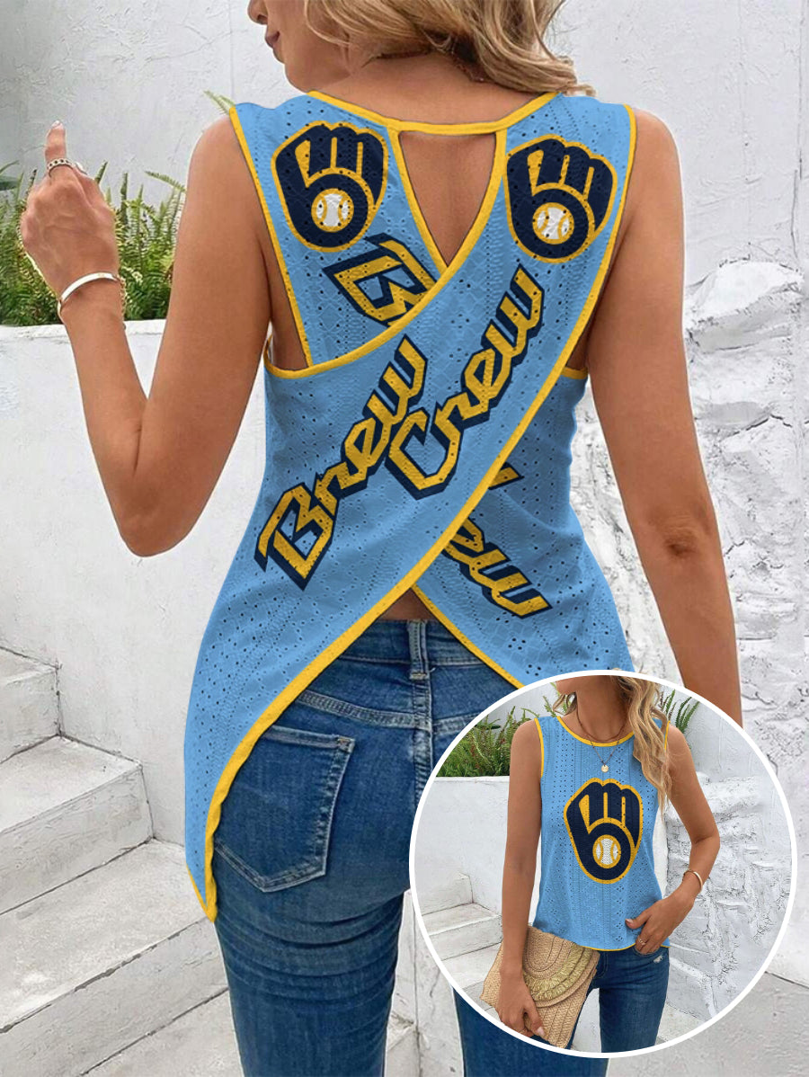 "Brew Crew"Cut Out Wrap Cross Wrap Back Asymmetrical Beach Tank Top