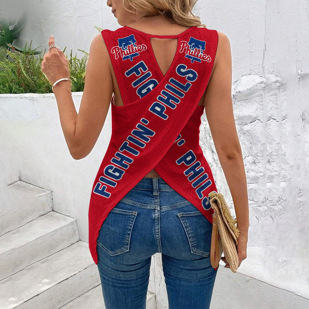 "FIGHTIN'PHILS"Cut Out Wrap Cross Wrap Back Asymmetrical Beach Tank Top