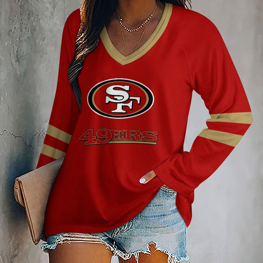 San Francisco 49ers Women's V-neck Double-layered Long-sleeved Loose T-shirt