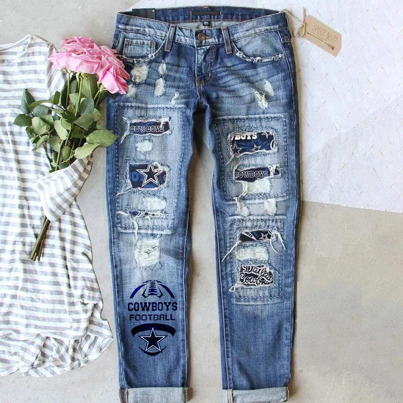 STRETCH RIPPED FRAYED RAW HEM DISTRESSED DENIM JEANS WITH HOLE