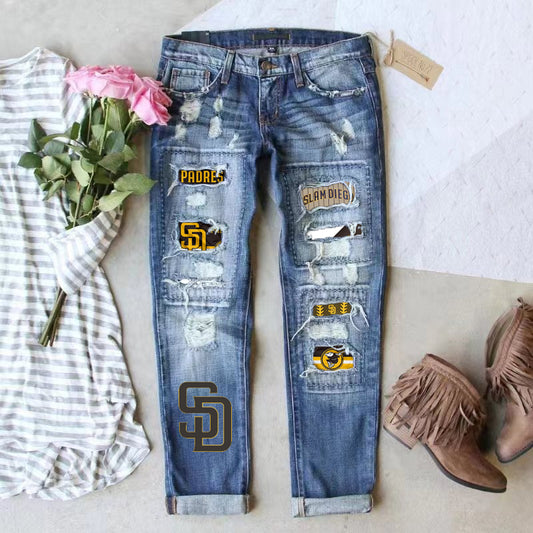 STRETCH RIPPED FRAYED RAW HEM DISTRESSED DENIM JEANS WITH HOLE