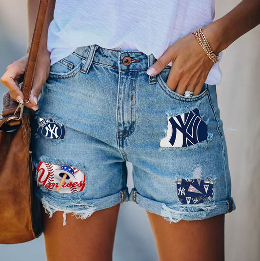 Yankees Distressed Cutoff Denim Shorts - Women