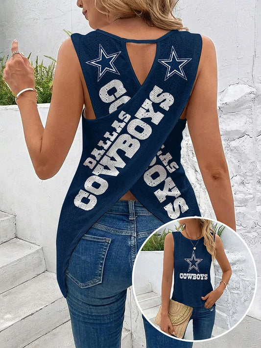 Dallas Cowboys Cut Out Wrap Cross Wrap Back Asymmetrical Beach Tank Top