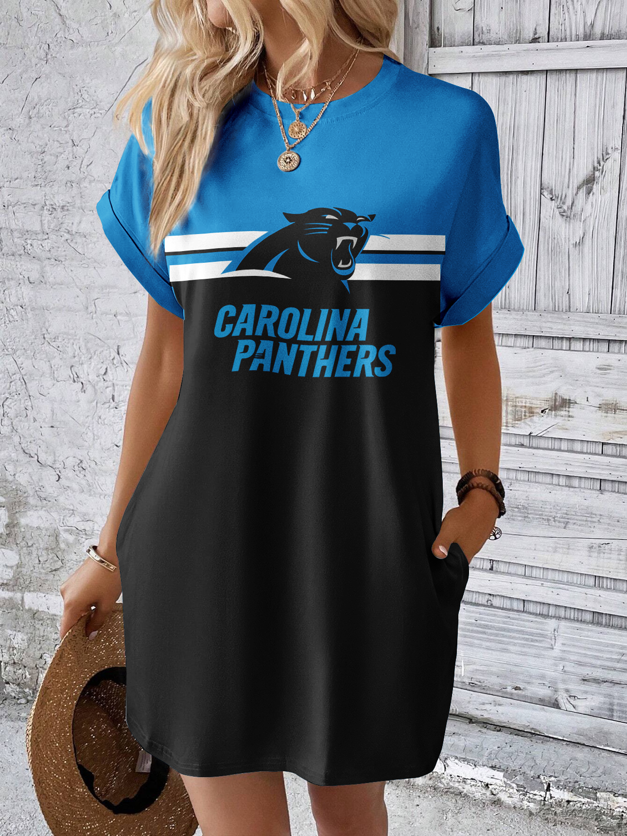 Carolina Panthers Solid Hidden Pocket Batwing Sleeve Tee Dress