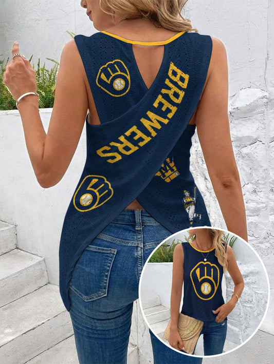 Brewers Cut Out Wrap Cross Wrap Back Asymmetrical Beach Tank Top